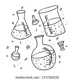 Set of flasks, laboratory bottles. Dedicated to World Metrology Day