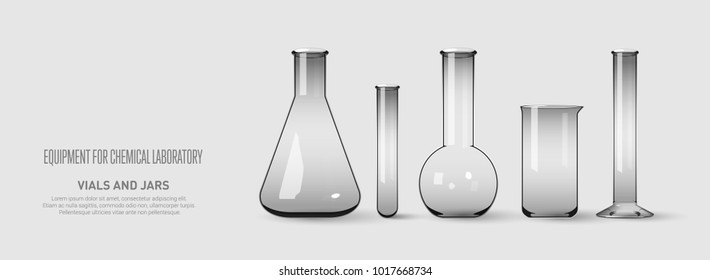 A set of flasks and test tubes. Equipment for chemical laboratory. Transparent glass test tubes. Vector illustration