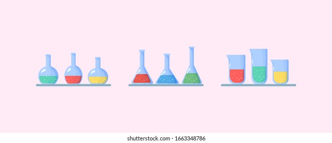 Set of flasks.Chemical laboratory biology of science and technology.Flasks with chemical liquids.Biology science education the study virus, molecule, atom, dna via microscope, magnifier, telescope.