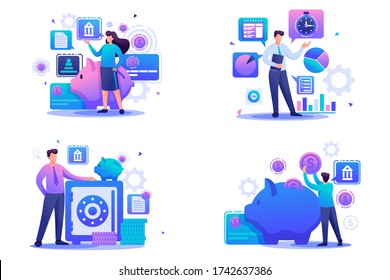 Set Flat 2D concepts bank deposits, investment plan, time management. For Concept for web design