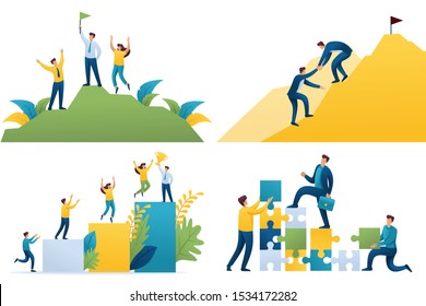 Set Flat 2D concepts Become successful, team leads to success, way to success, on top of success. For Concept for web design