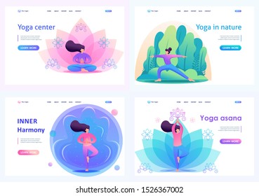 Set Flat 2D concepts by doing yoga, pose, asana, outdoors in the Park and on bright backgrounds. For Landing page concepts and web design