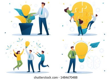 Set Flat 2D concepts to create new ideas, business startup. Brainstorm business ideas. For Concept for web design.