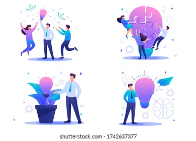 Set Flat 2D concepts to create new ideas, startup. Brainstorm business ideas. For Concept for web design