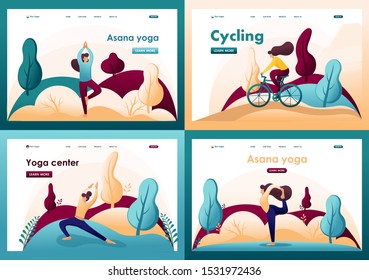 Set Flat 2D concepts doing yoga, pose, asana, Cycling outdoors in the Park. For Landing page concepts and web design