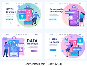 Set Flat 2D concepts LISTEN to music, Communication Voice message, data protection. For Landing page concepts and web design