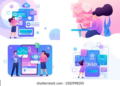 Set Flat 2D concepts Mobile app, UI UX Design, Super testing, Send message. For Concept for web design