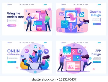 Set Flat 2D concepts online conference, Using mobile app, APP Design, Graphic Design. For Landing page concepts and web design