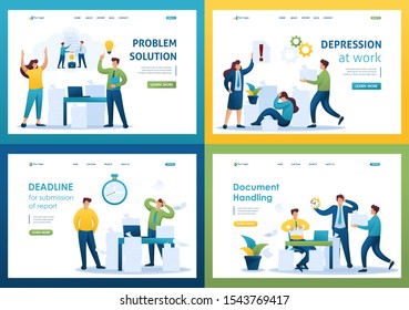 Set Flat 2D concepts Problem solution, Document Handling, Depression at work, Deadline, Contract cancellation. For Landing page concepts and web design