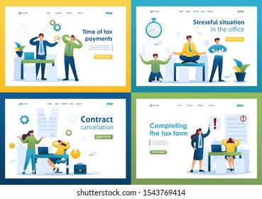 Set Flat 2D concepts Time of tax payments, Completing the tax form, Stressful situation, Contract cancellation. For Landing page concepts and web design