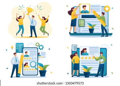Set Flat 2D concepts Winner, HR managers, Recruiting, Creating a resume. For Concept for web design