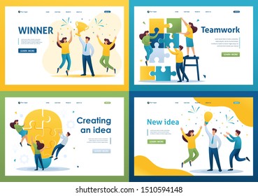 Set Flat 2D concepts winner, teamwork, creating an idea, new idea. For Landing page concepts and web design