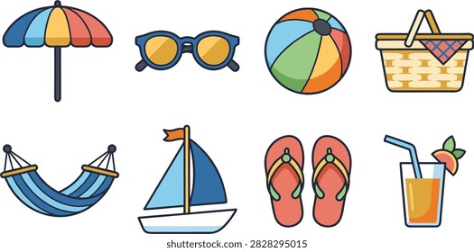 Set of flat 2D vector icons representing summer vacations and beach activities, featuring a sun umbrella, sunglasses, beach ball, hammock, and sailboat. Suitable for tropical resort promotions, summer event flyers, and beach lifestyle concepts.