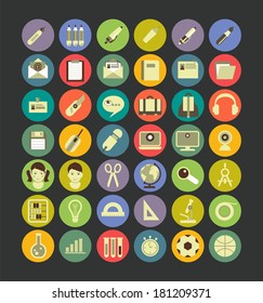 Set of flat 42 icons is education in colorful circles  