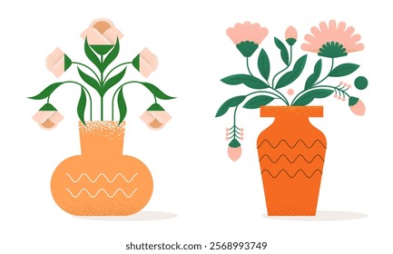 Set of Flat Abstract Beautiful Flowers in Vase. Trendy Illustration of Flower with Geometric Shapes, Grunge Grain Texture for Social Media, Cover, Poster, Invitation and Wallpaper in Minimalist Design