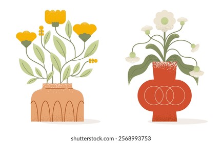 Set of Flat Abstract Beautiful Flowers in Vase. Trendy Illustration of Flower with Geometric Shapes, Grunge Grain Texture for Social Media, Cover, Poster, Invitation and Wallpaper in Minimalist Design