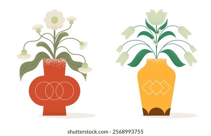 Set of Flat Abstract Beautiful Flowers in Vase. Trendy Illustration of Flower with Geometric Shapes, Grunge Grain Texture for Social Media, Cover, Poster, Invitation and Wallpaper in Minimalist Design