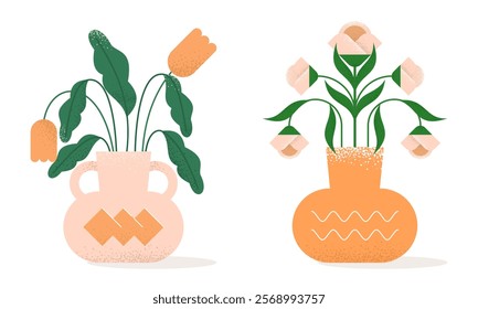 Set of Flat Abstract Beautiful Flowers in Vase. Trendy Illustration of Flower with Geometric Shapes, Grunge Grain Texture for Social Media, Cover, Poster, Invitation and Wallpaper in Minimalist Design