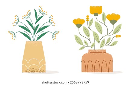 Set of Flat Abstract Beautiful Flowers in Vase. Trendy Illustration of Flower with Geometric Shapes, Grunge Grain Texture for Social Media, Cover, Poster, Invitation and Wallpaper in Minimalist Design