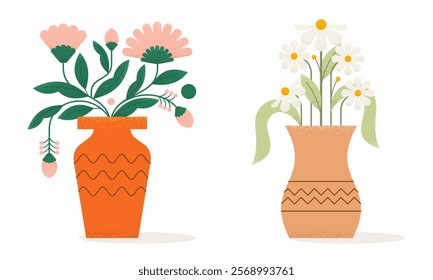 Set of Flat Abstract Beautiful Flowers in Vase. Trendy Illustration of Flower with Geometric Shapes, Grunge Grain Texture for Social Media, Cover, Poster, Invitation and Wallpaper in Minimalist Design