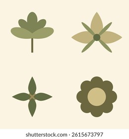 Set of flat abstract flower icons in olive green and beige on soft cream background