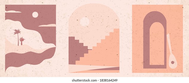 Set of flat abstract landscape, mountains, ruins. Set of flat geometry architecture elements, Moroccan stairs, walls, arch, arc, palm.