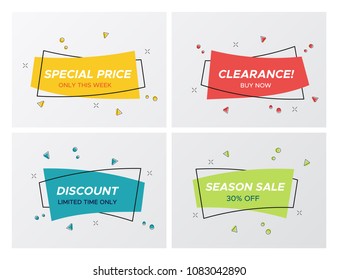 Set of flat abstract sale banner in modern style. New hipster rectangle shape promo sticker with shop offer title and bright colors. Vector illustration with sale tags for store advertising.