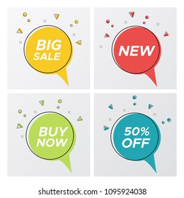 Set Of Flat Abstract Sale Banner In Modern Style. Simple Graphic Round Bubble Shape Promo Sticker With Color Confetti Burst. Vector Illustration With Sale Tags For Special Deal Flyer.