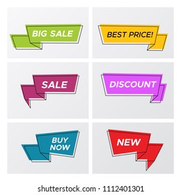Set of flat abstract sale banner in modern style. Bright colors shop clearance label with market promotion title in futuristic ribbon shape. Vector illustration with sale tags for store special deal.