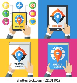 Set of flat abstract travel icons and backgrounds. Design concept for travel guide, mobile apps, planning vacation, tourism, online booking tickets, hotels. Vector colorful illustration.  