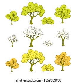 Set of flat abstract trees and plants for the drawn wood or the forest, seasons