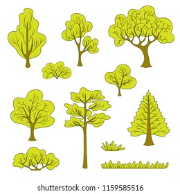 Set of flat abstract trees and plants for the drawn wood and the forest