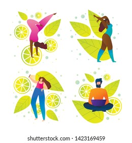 Set Flat Active Summer Holiday for Freelancers. Poster Classes for Summer Season on Background Lemon Slices. Guy Is Working on Laptop. Girl doing Sport Exercises. Woman Takes Selfie.