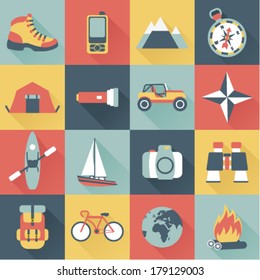 set of flat adventure traveling icons