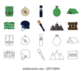 Set of flat adventure traveling icons. Camping elements. Flat and thin line design. Outdoor activity style. Hiking, backpacking and mountain tourism. Vector illustration