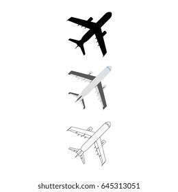 Set of Flat Airplane icon. Cartoon, Outline, Silhouette Vector illustration.