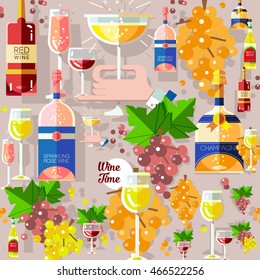 Set of flat alcohol wine icons background pattern, texture for restaurant and food menu. Bottles and glasses of red wine, white blanco wine, rose wine, sparkling wine, champagne with bunch of grapes