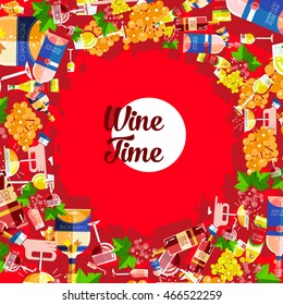 Set of flat alcohol wine icons background pattern, texture for restaurant and food menu. Bottles and glasses of red wine, white blanco wine, rose wine, sparkling wine, champagne with bunch of grapes