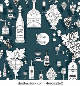 Set of flat alcohol wine icons background pattern, texture for restaurant and food menu. Bottles and glasses of red wine, white blanco wine, rose wine, sparkling wine, champagne with bunch of grapes