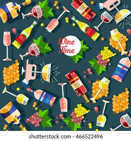 Set of flat alcohol wine icons background pattern, texture for restaurant and food menu. Bottles and glasses of red wine, white blanco wine, rose wine, sparkling wine, champagne with bunch of grapes