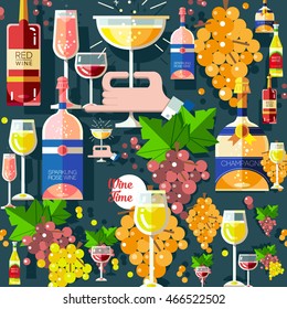 Set of flat alcohol wine icons background pattern, texture for restaurant and food menu. Bottles and glasses of red wine, white blanco wine, rose wine, sparkling wine, champagne with bunch of grapes