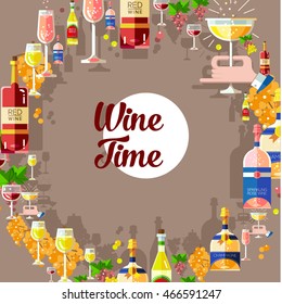 Set of flat alcohol wine icons background pattern, texture for restaurant and food menu. Bottles and glasses of red wine, white blanco wine, rose wine, sparkling wine, champagne with bunch of grapes