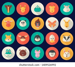 Set of flat animal portrait icons. Cobra, llama, iguana, giraffe, hippopotamus, bull, panda, baboon, butterfly, kangaroo, hamster, elk, penguin, duck, badger, boa, beaver, unicorn, hedgehog, hare