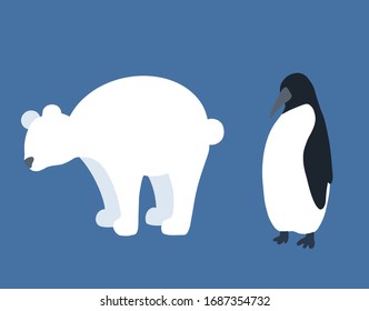 Set of flat Antarctic animals silhouettes. Polar bear and penguin isolated from the background. Vector outlines for articles, cards, icons and your design.
