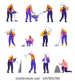 Set of Flat Archeologists and Road Repair Workers Characters. Cartoon Paleontology Scientists with Shovels and Pickaxe Working on Excavations or Digging Soil. Vector Illustration.