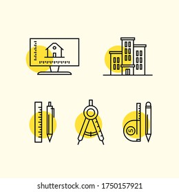 Conjunto de iconos de arquitectura plana en diseño de contorno lineal. Símbolos de arquitectura y utilidades de dibujo.