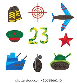 Set of flat army, military objects - battleship, airplane, grenade, cap, straps, target, star, Russian Defender of Fatherland Day holiday icons, vector illustration isolated on white background