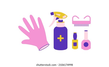 Set von Flach-Art-Accessoires für die Maniküre. In minimalistischem femininen Stil gezeichnet, werden helle, trendige Farben verwendet. Rosa, violett, gelb. Geeignet für die Schönheitsindustrie. Cool für Infografiken, Druck