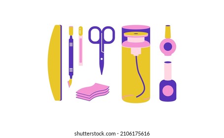 Set of flat art accessories for manicure. Scissors, nail file, nail polish, liquid, tools. Drawn in a minimalistic feminine style, bright, trendy colors are used. Pink, purple, yellow. Cool for web
