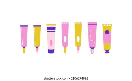 Set of flat art cream tubes with volume effect. Drawn in a minimalistic style, bright, trendy colors are used. Pink, purple, yellow. Suitable for the beauty industry. Cool for infographics, web, print